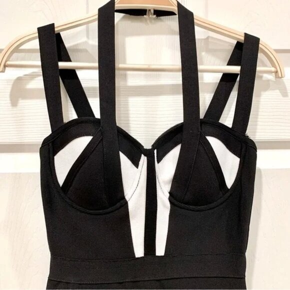Bebe Black White Colorblock Strappy Halter Bustier Bodycon Bandage Mini Dress - Picture 4 of 7